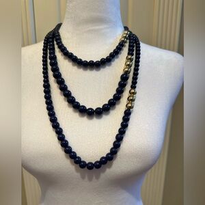 NWT Elegant 3-Strand Ann Taylor Navy Blue and Gold Beaded Necklace